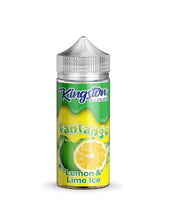 A 100ml bottle of Kingston Fantango Lemon & Lime Ice e-liquid with a green and silver label.